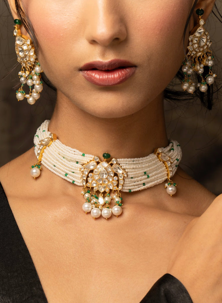 925 Silver Nainika Polki Choker Necklace Set - Amrrutam