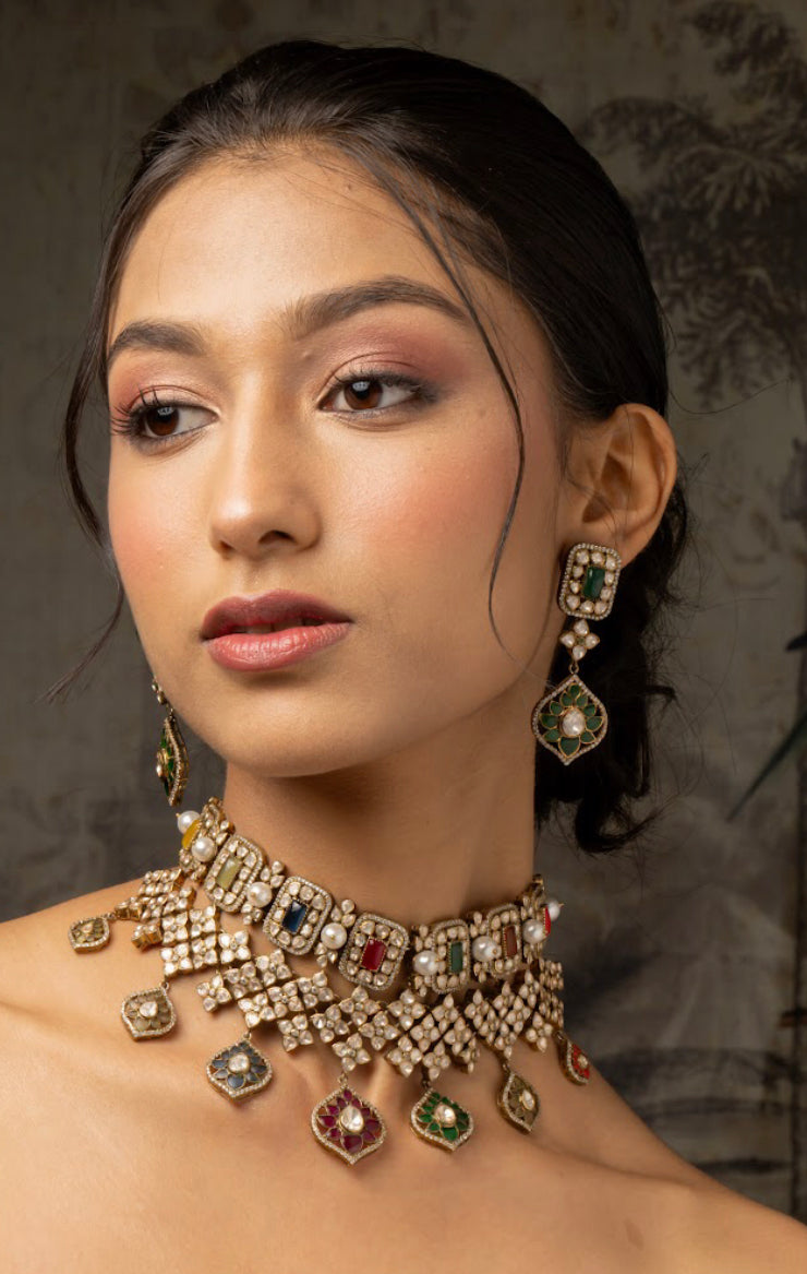 925 Silver RaangRatan Polki Necklace Set - Amrrutam