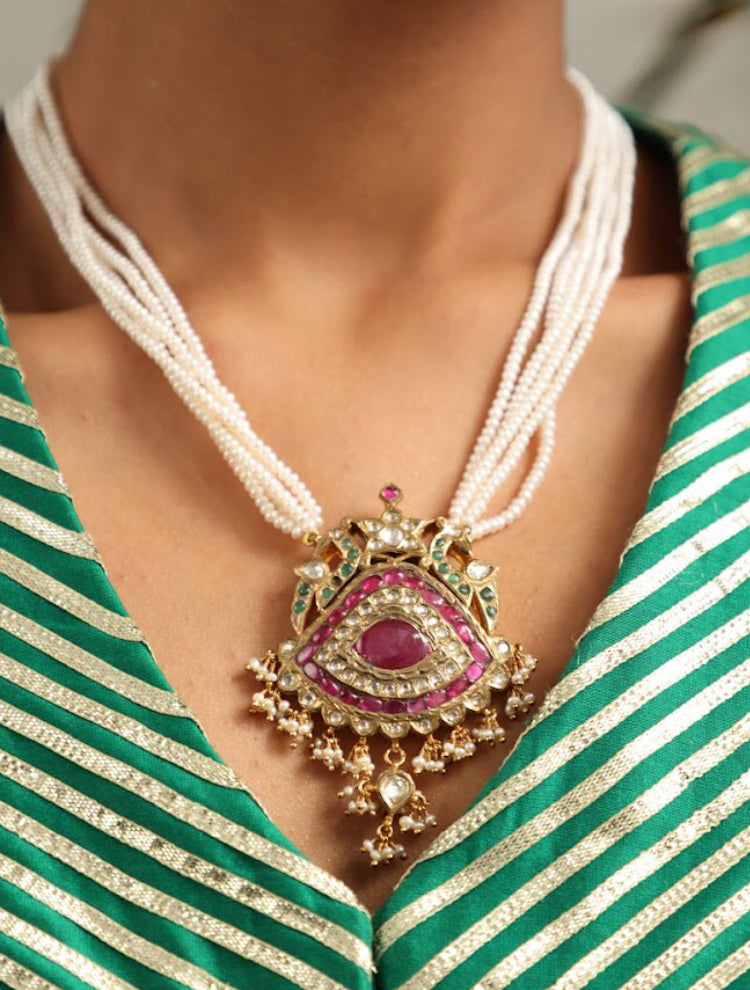 925 Silver Bavara Kannauj Pearl Ruby Necklace - Amrrutam