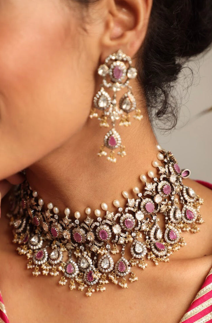 925 Silver Bavara Victorian Tourmaline Choker Necklace Set - Amrrutam