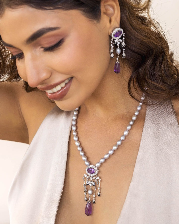 925 Silver Deco Amethyst Necklace Set - Amrrutam