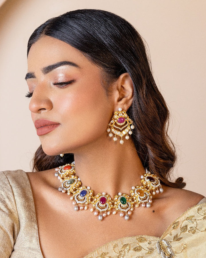 925 Silver Myra Navratana Necklace Set - Amrrutam