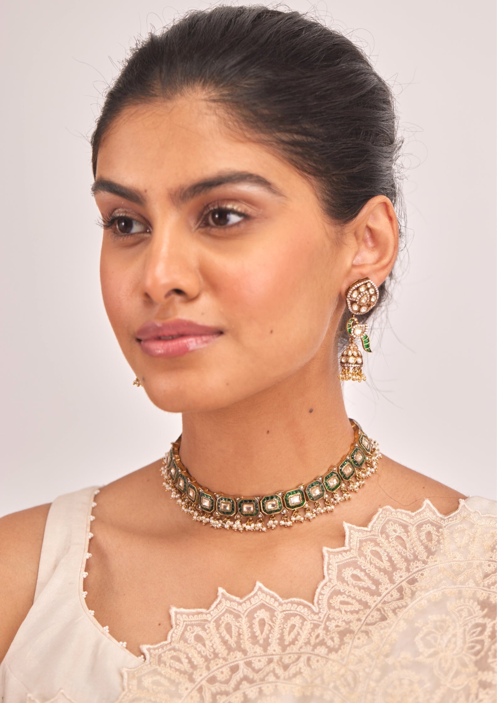 925 Silver Amaris Emerald Choker Necklace Set - Amrrutam