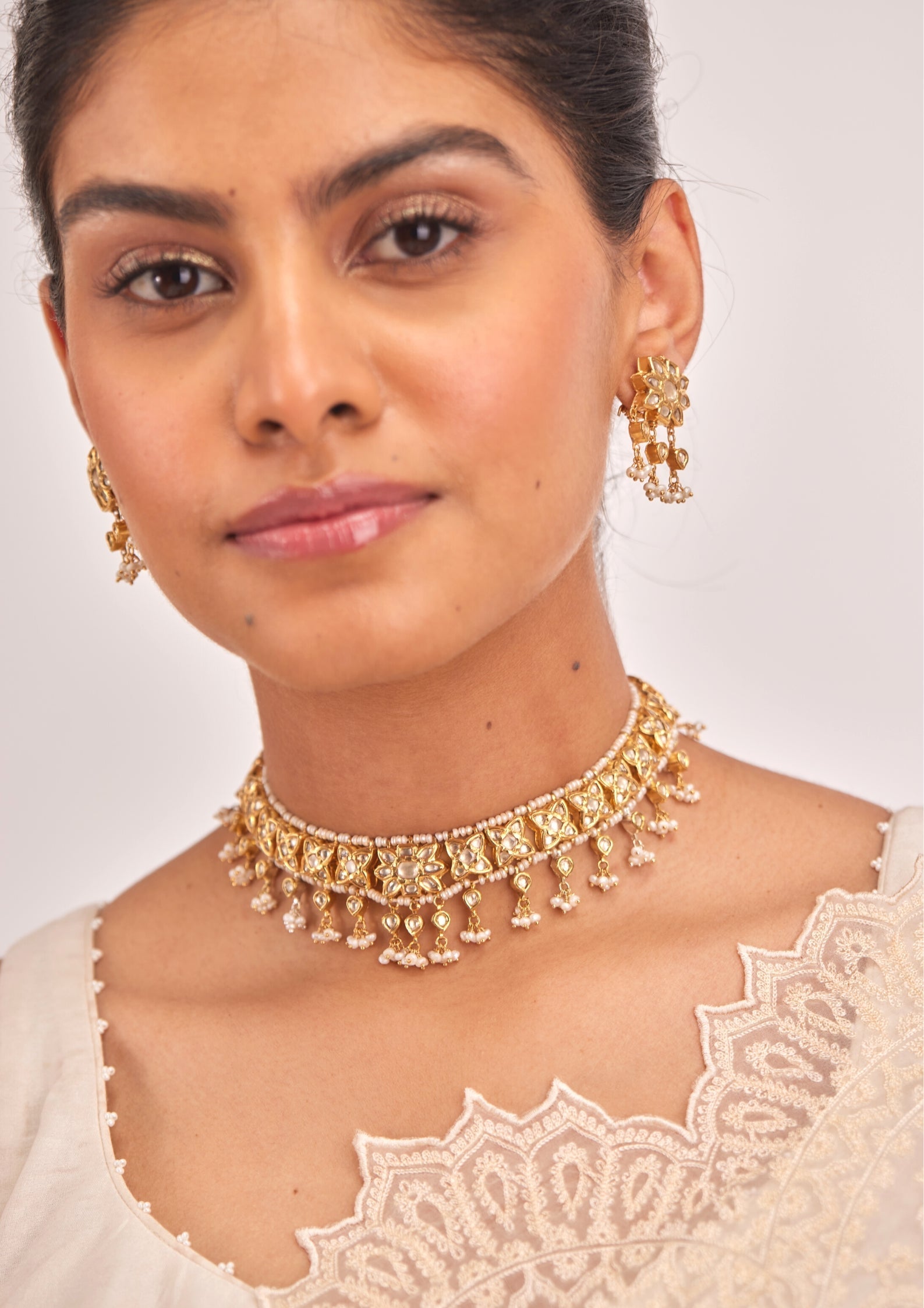 925 Silver Janak Polki Choker Necklace Set - Amrrutam