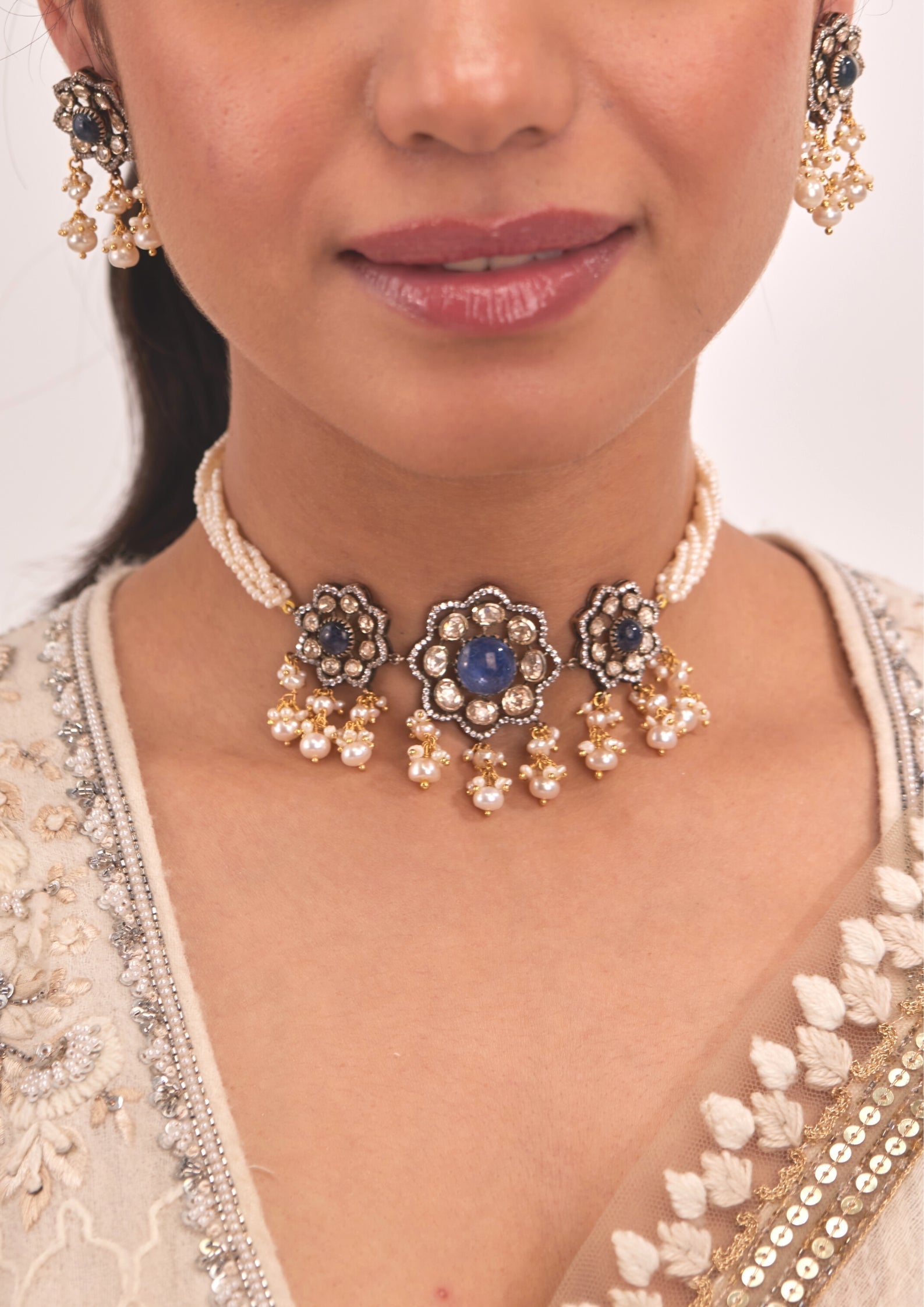 925 Silver Sumeira Floral Choker Necklace Set - Amrrutam