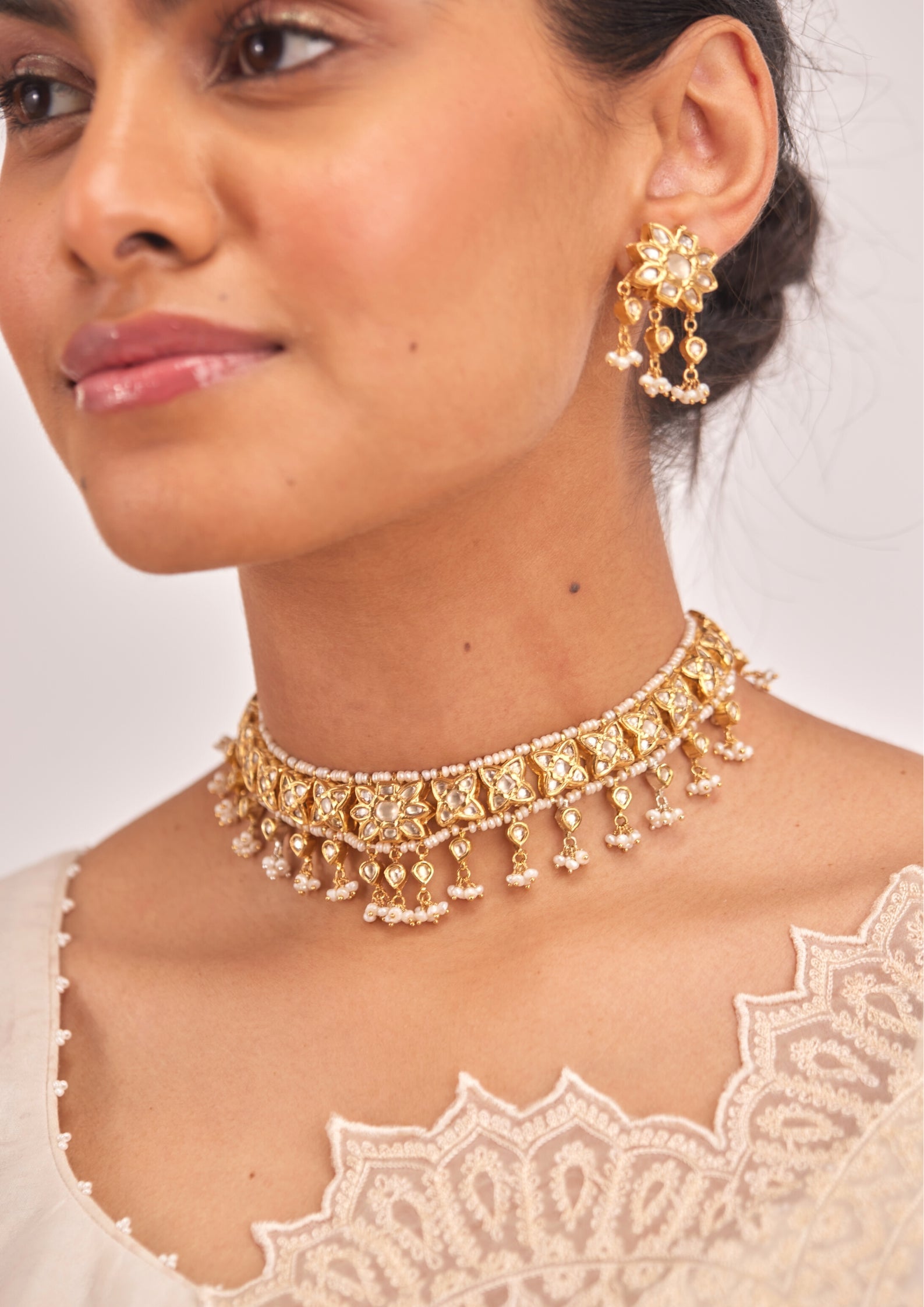 925 Silver Janak Polki Choker Necklace Set - Amrrutam