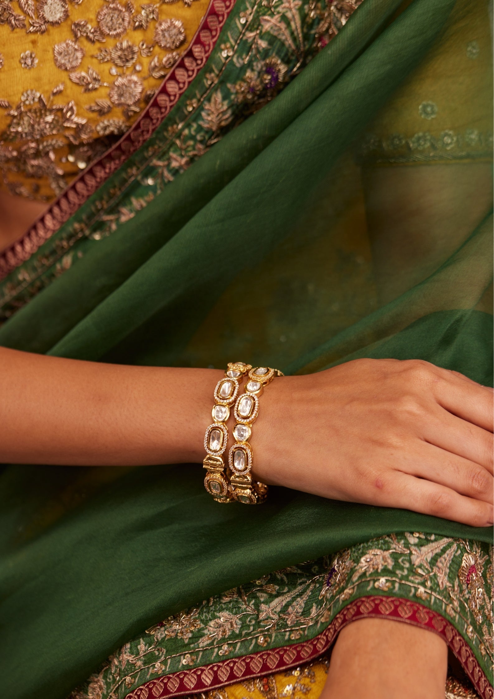 925 Silver Ragiyasa Polki Bangle Set - Amrrutam