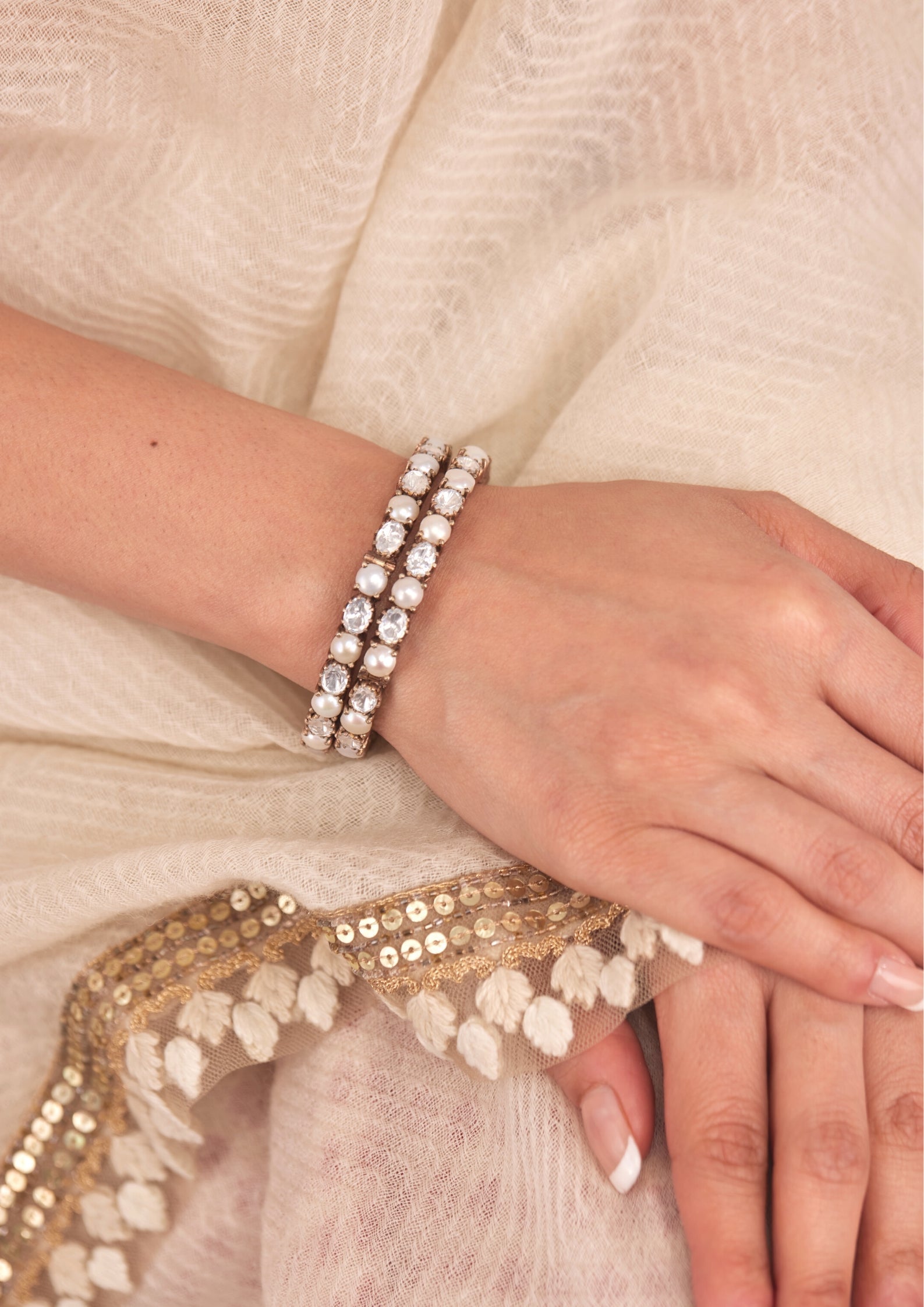 925 Silver Bagiya Pearl Antique Victorian Bangle Set - Amrrutam