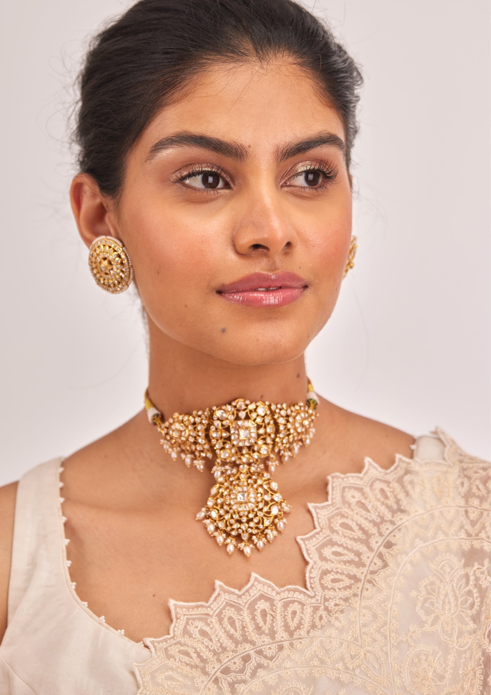 925 Silver Krsala Polki Choker Necklace - Amrrutam
