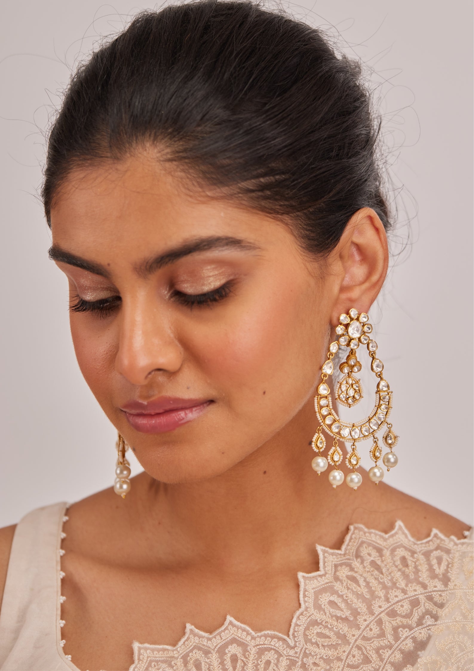 Polki Chandbali Earrings in 925 Silver - Amrrutam