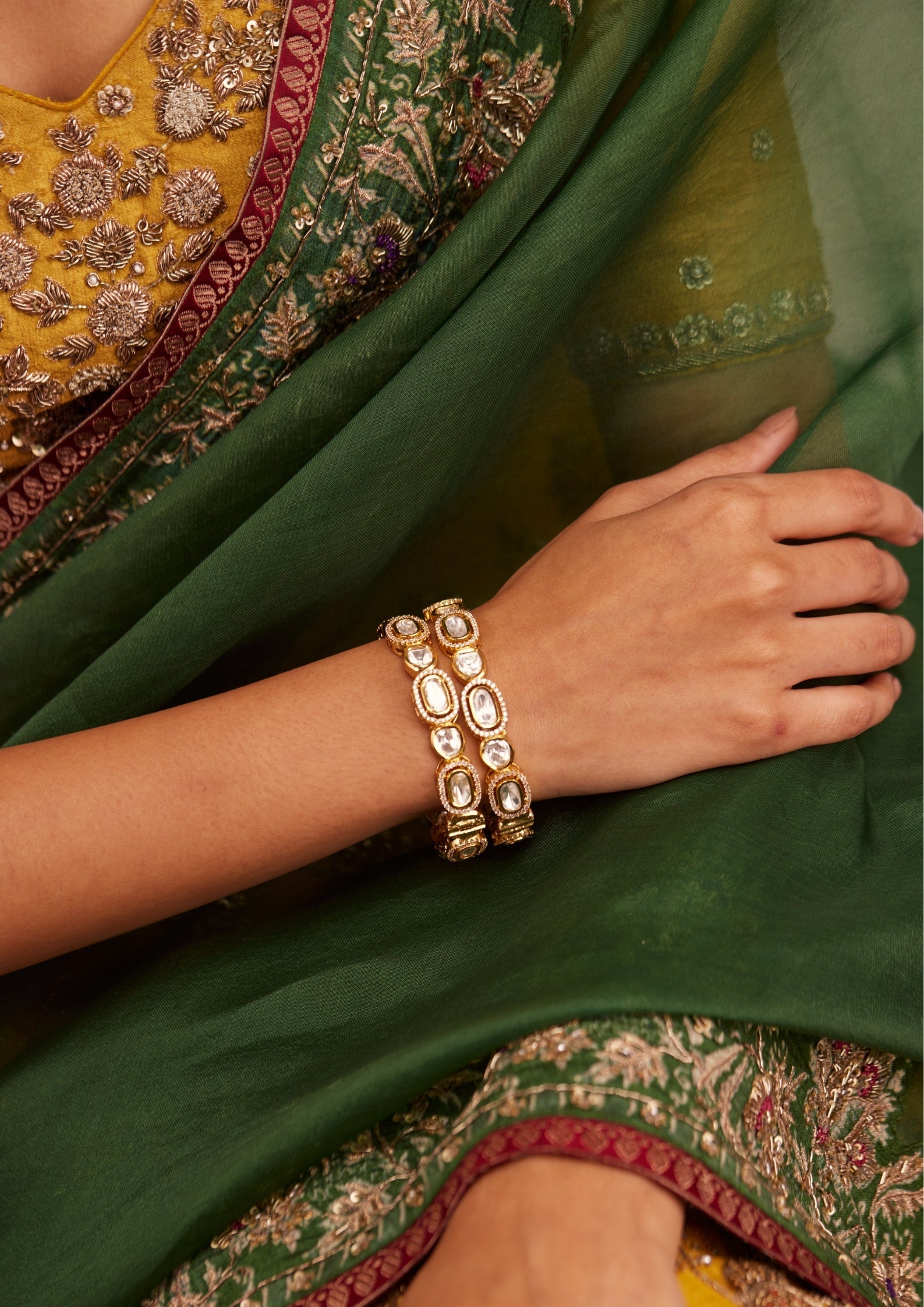 925 Silver Ragiyasa Polki Bangle Set - Amrrutam