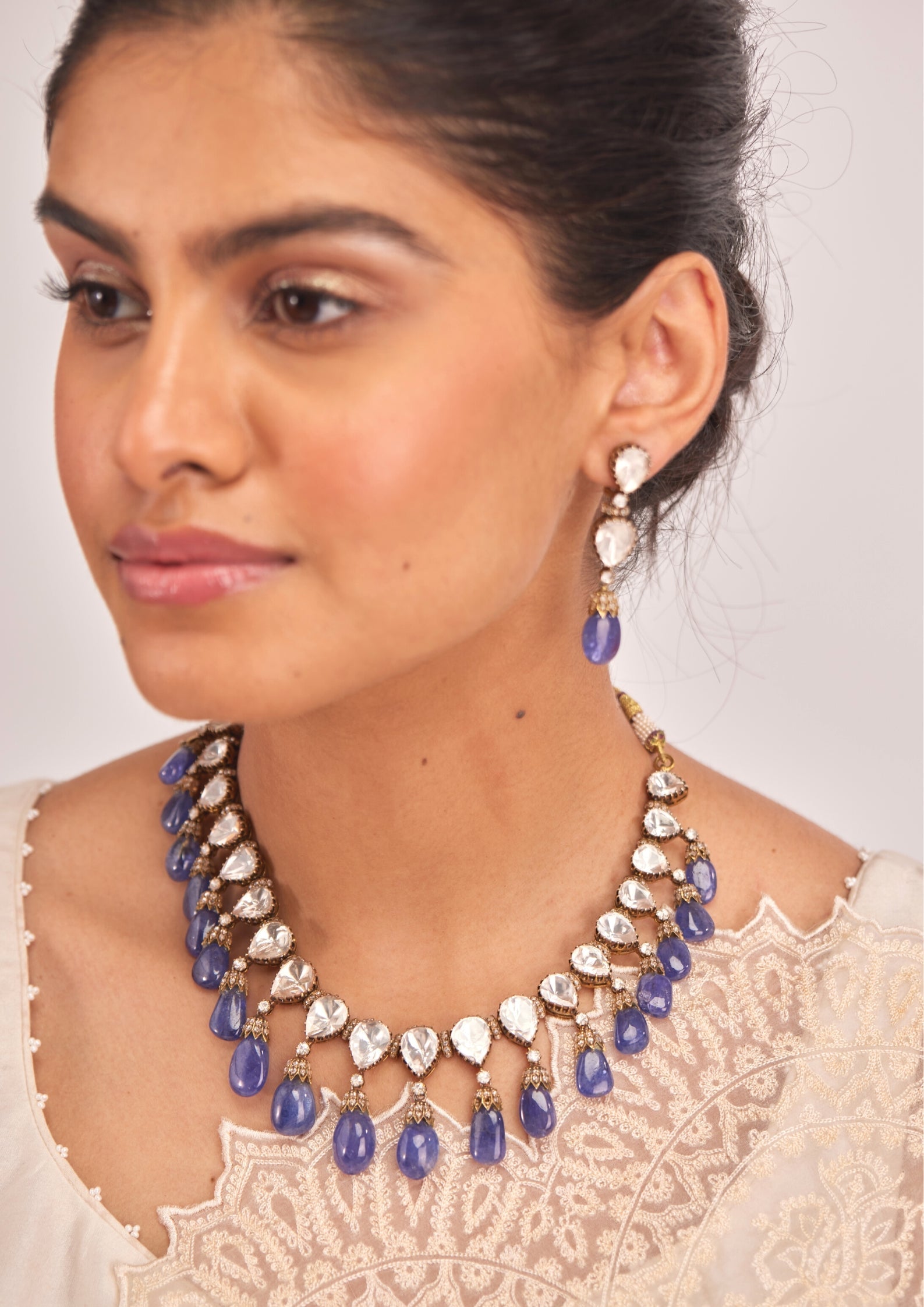 925 Silver Viroksh Sapphire Polki Necklace Set - Amrrutam