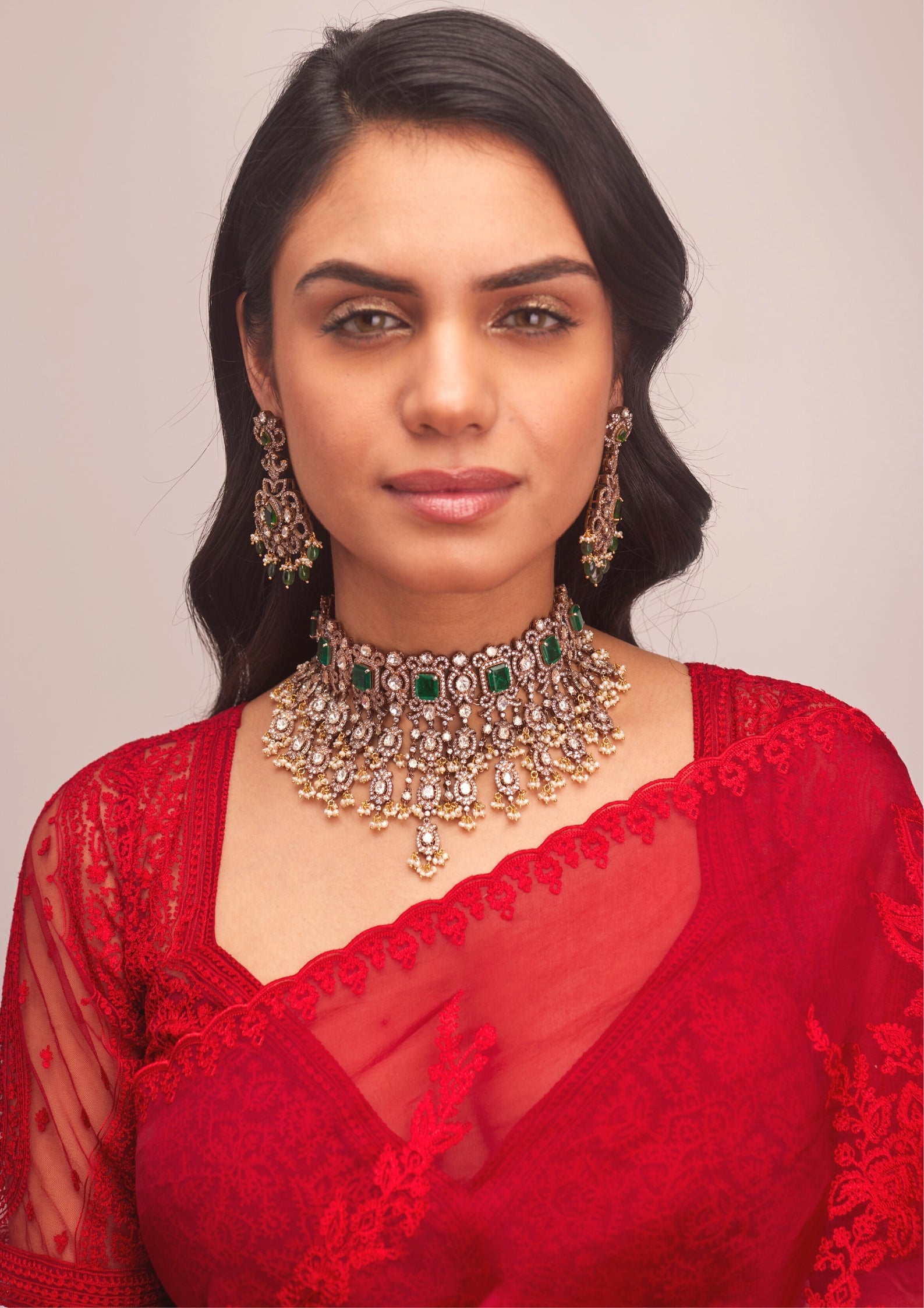 925 Silver Victorian Emerald Pearl Necklace Set - Amrrutam