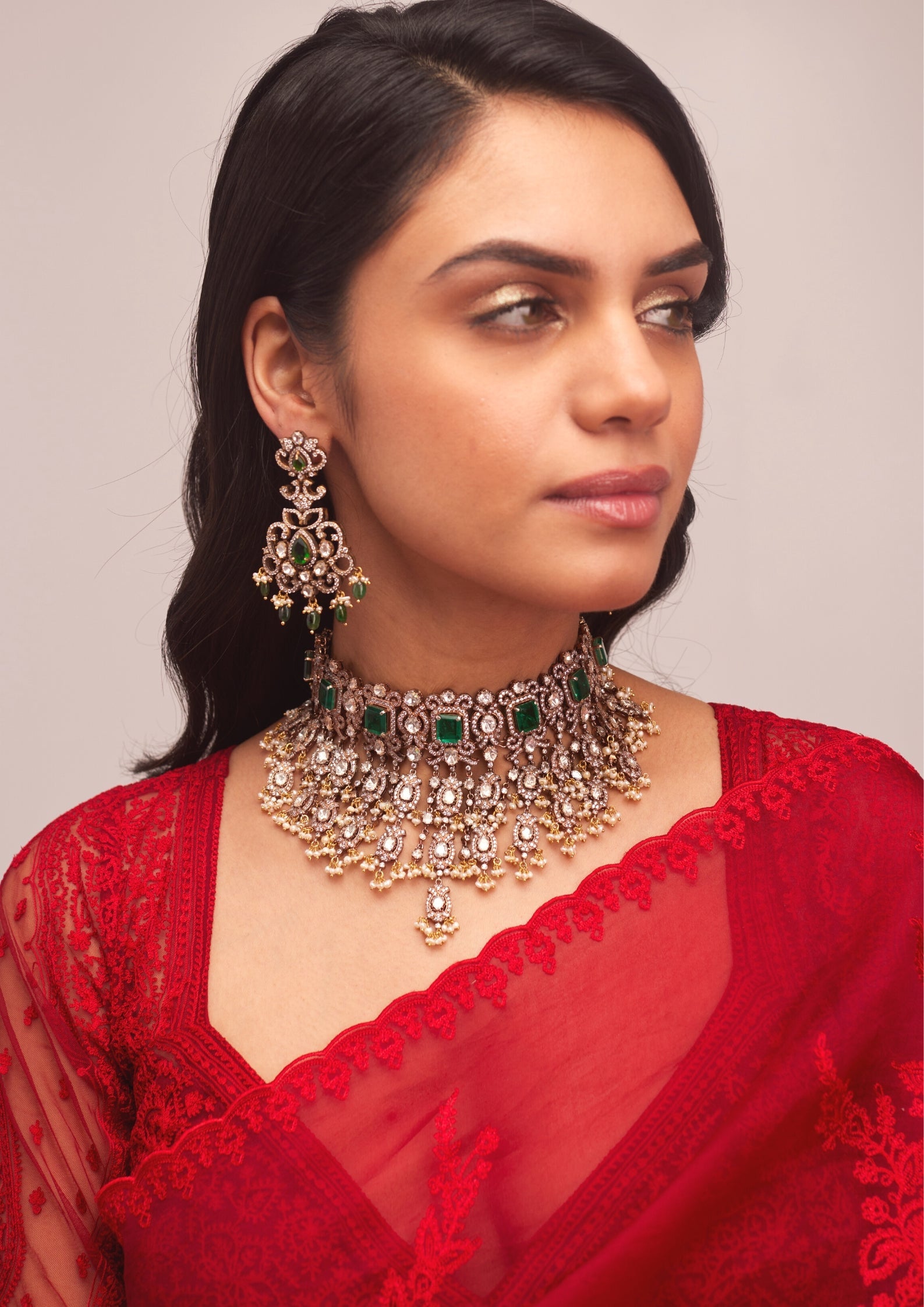 925 Silver Victorian Emerald Pearl Necklace Set - Amrrutam