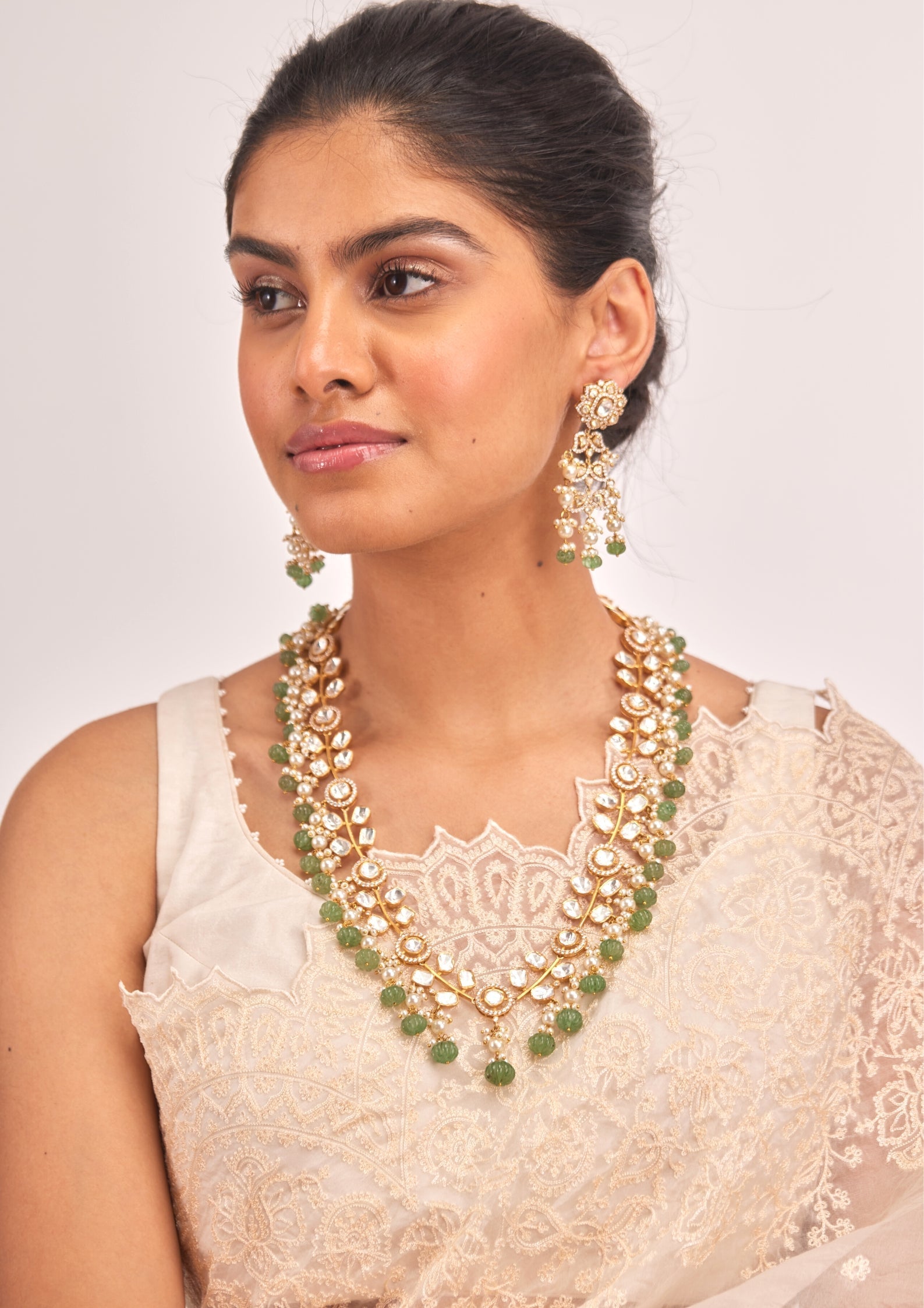 925 Silver Begariya Green Polki Long Necklace Set - Amrrutam