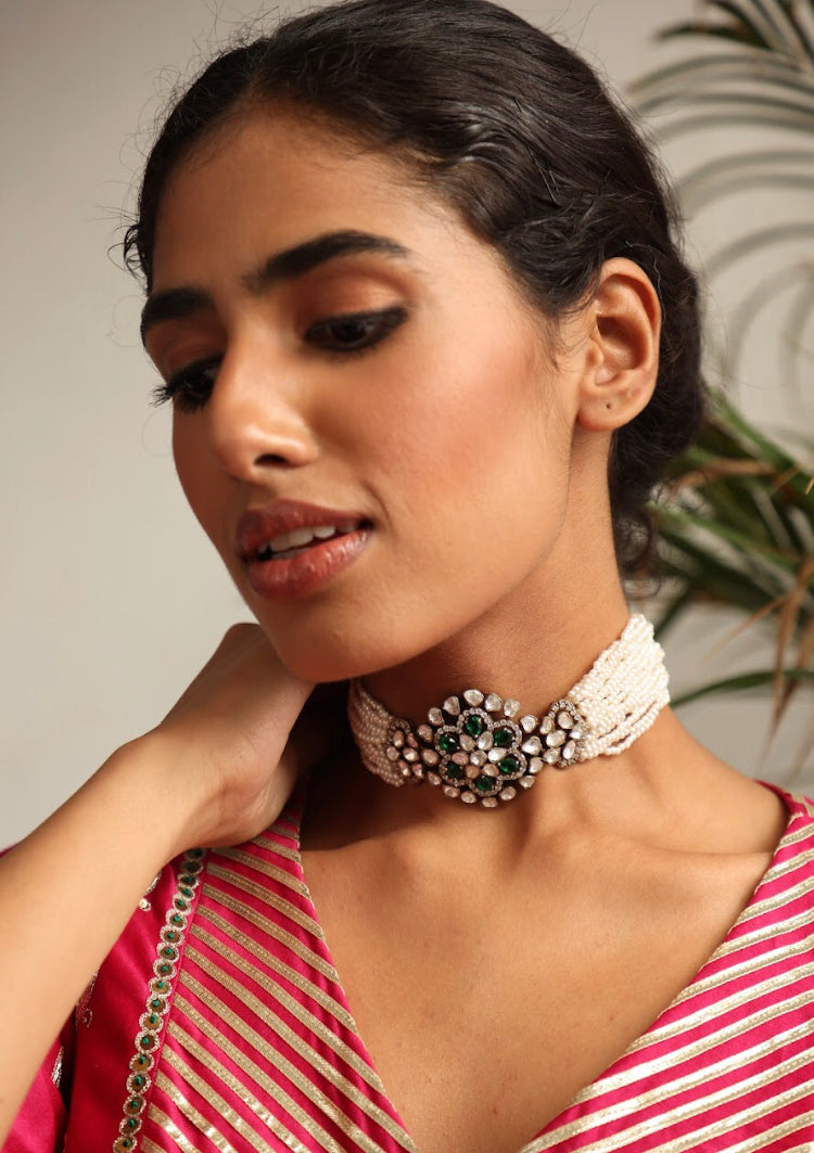 925 Silver Jwala Emerald Polki Choker Necklace - Amrrutam