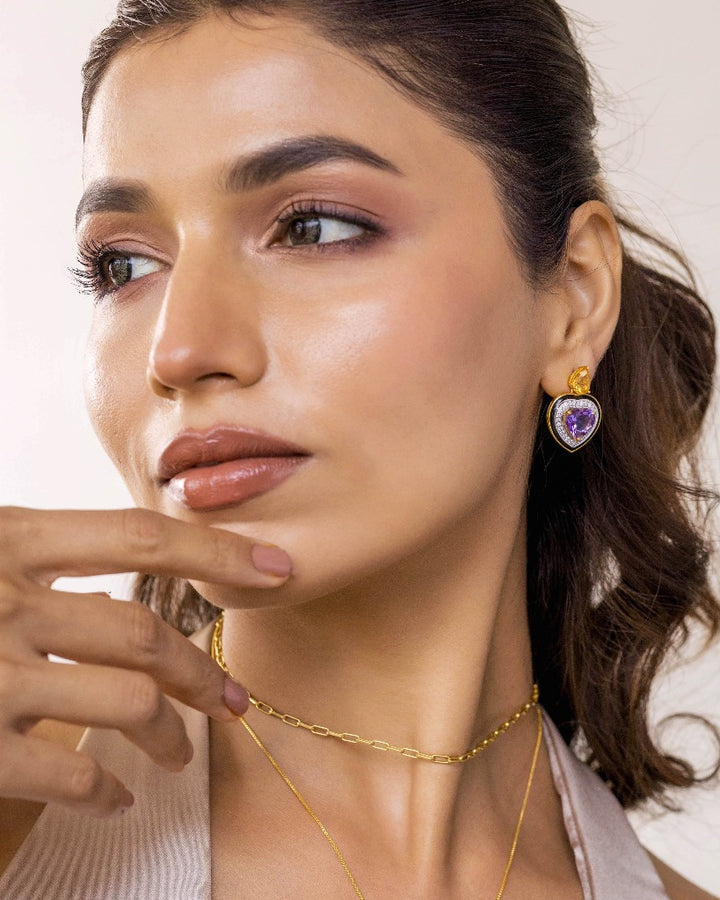 925 Silver Amethyst and Citrine Heart Earring - Amrrutam