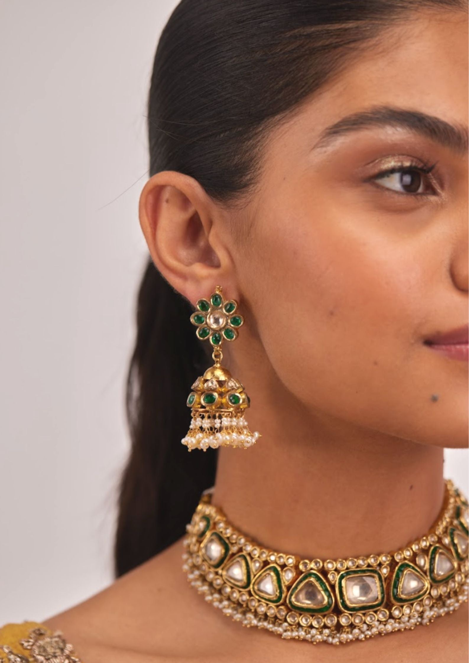 925 Silver Vanamasya Green Polki Necklace Set - Amrrutam