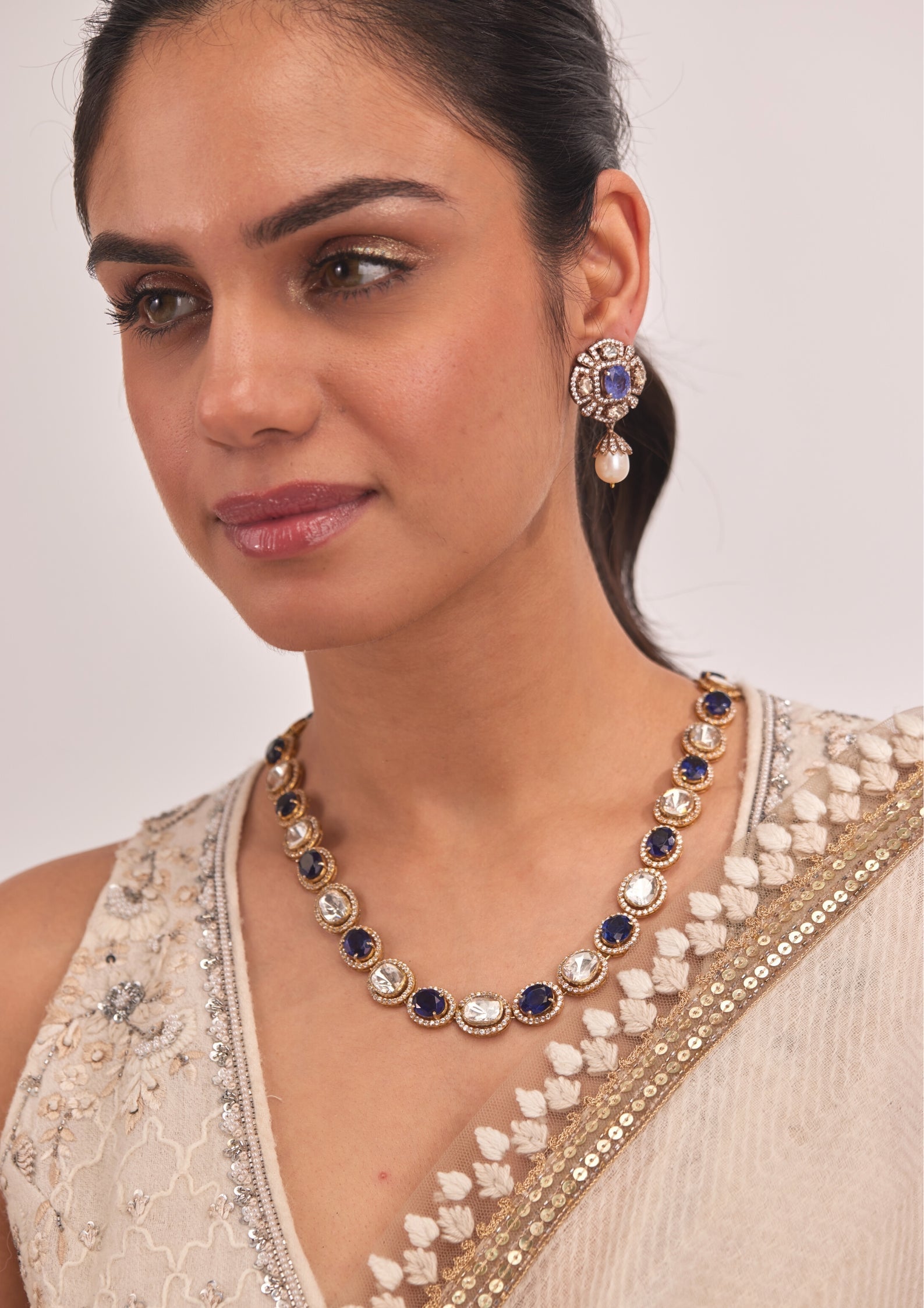 925 Silver Sumeira Sapphire Necklace Set - Amrrutam