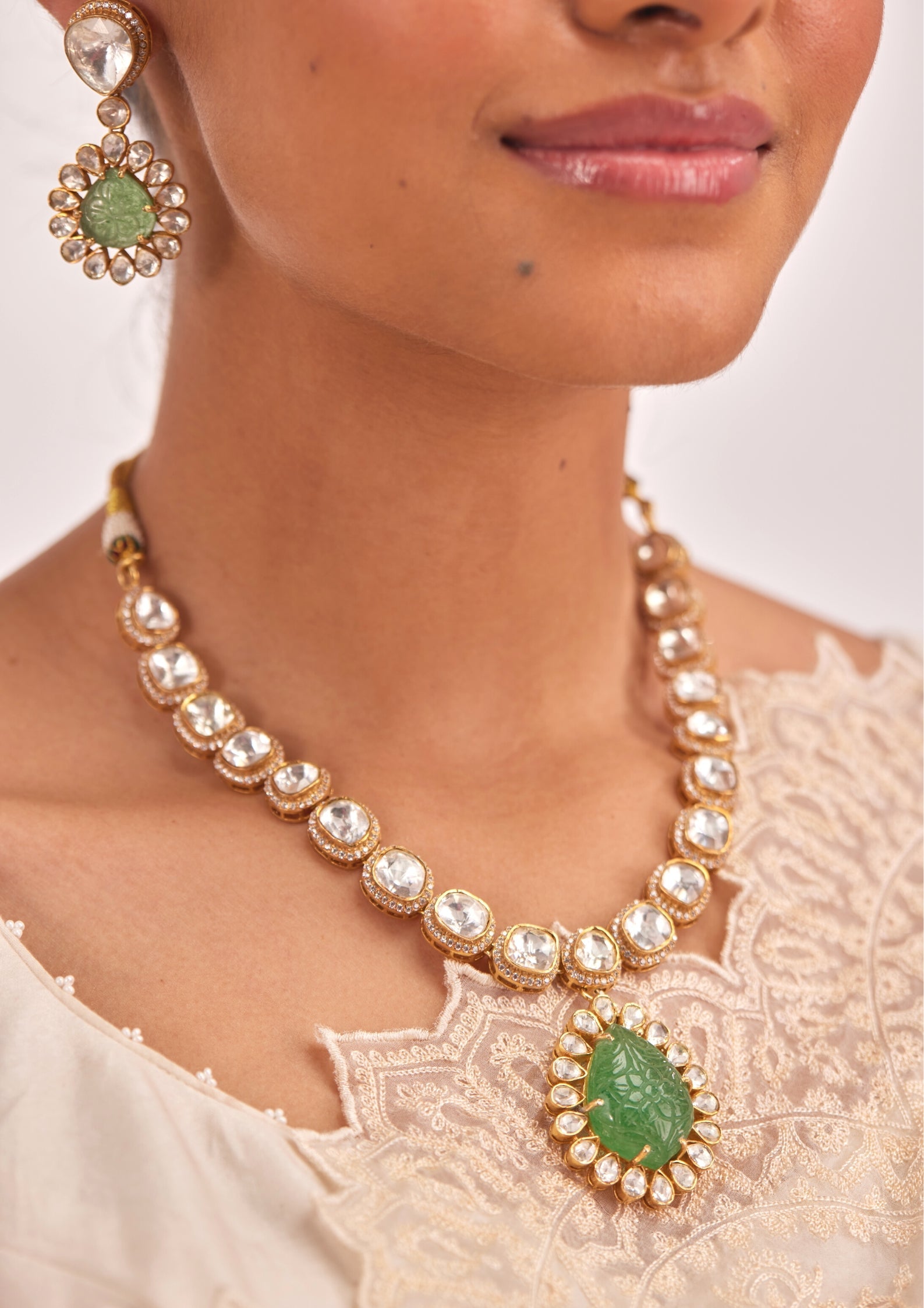 925 Silver Malvya Polki Necklace Set - Amrrutam
