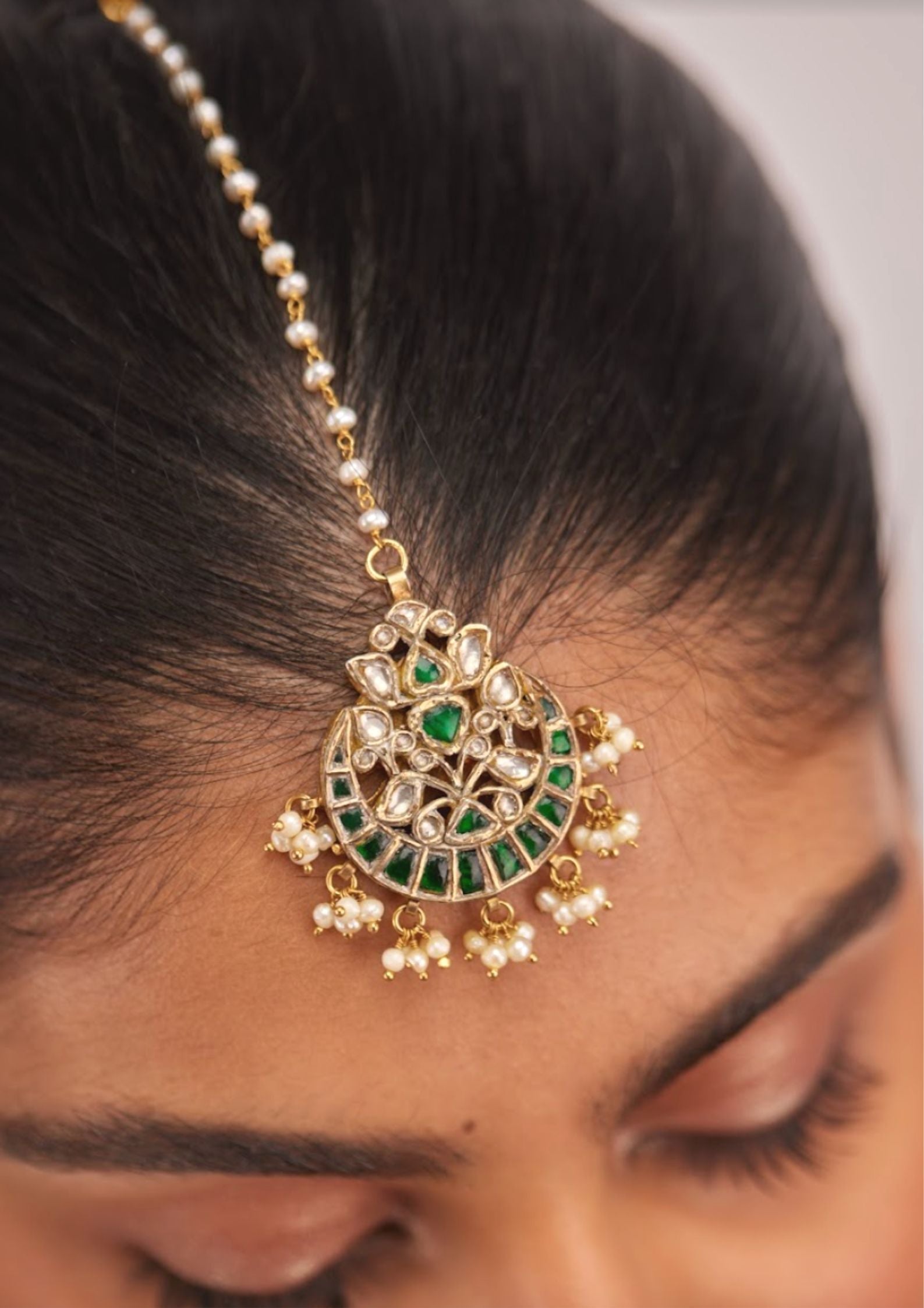 925 Silver Sarveya Green Surya Chandra Maangtika - Amrrutam
