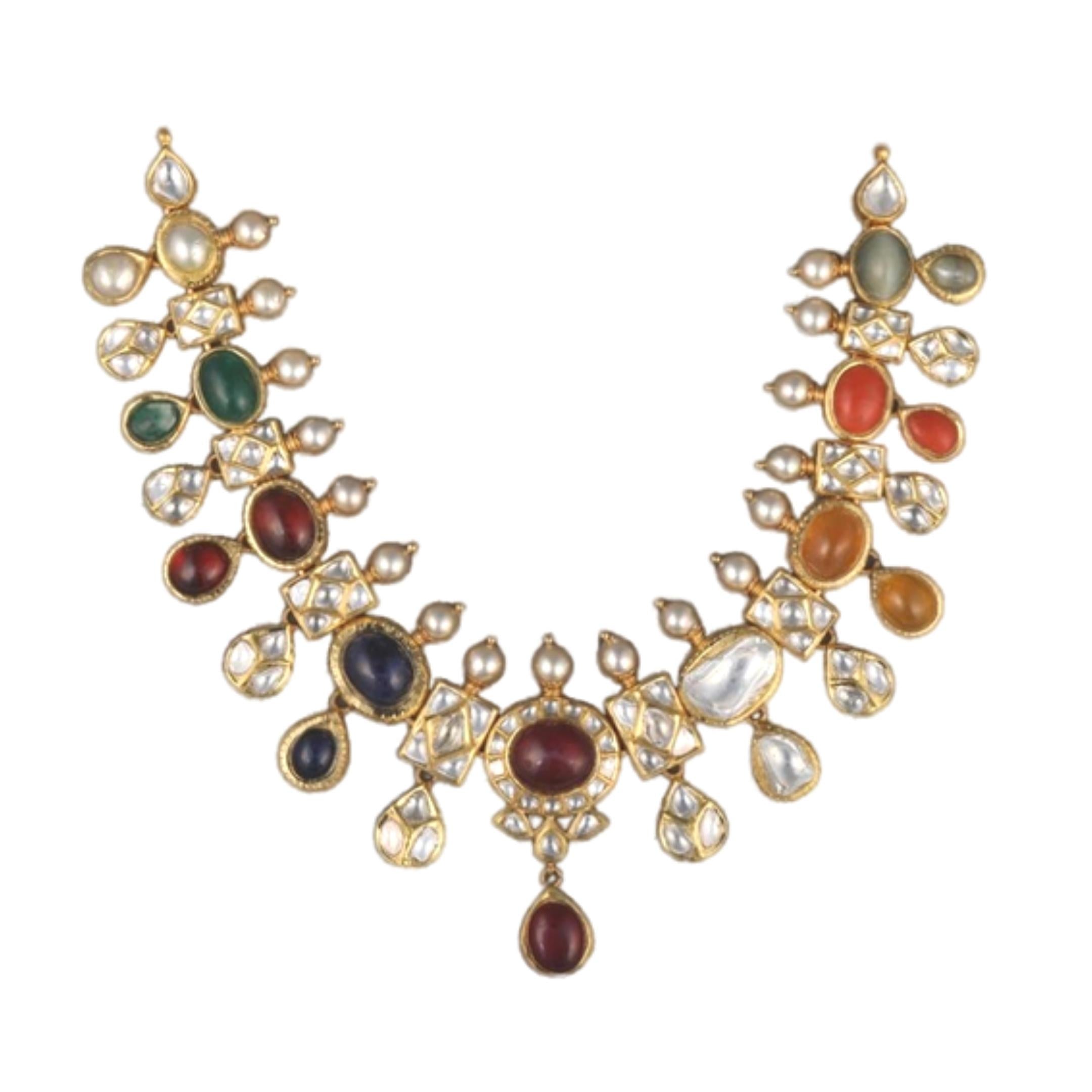 925 Silver Navratana Polki Necklace - Amrrutam