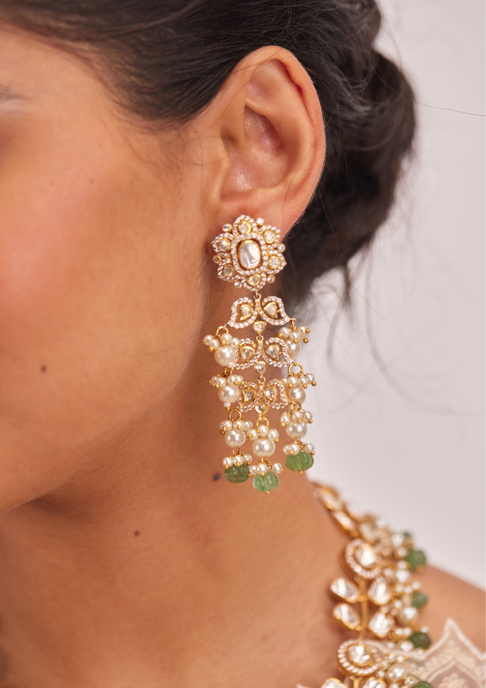 925 Silver Begariya Green Polki Long Necklace Set - Amrrutam