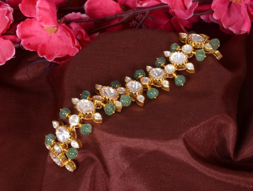 925 Silver Green Polki Bracelet - Amrrutam