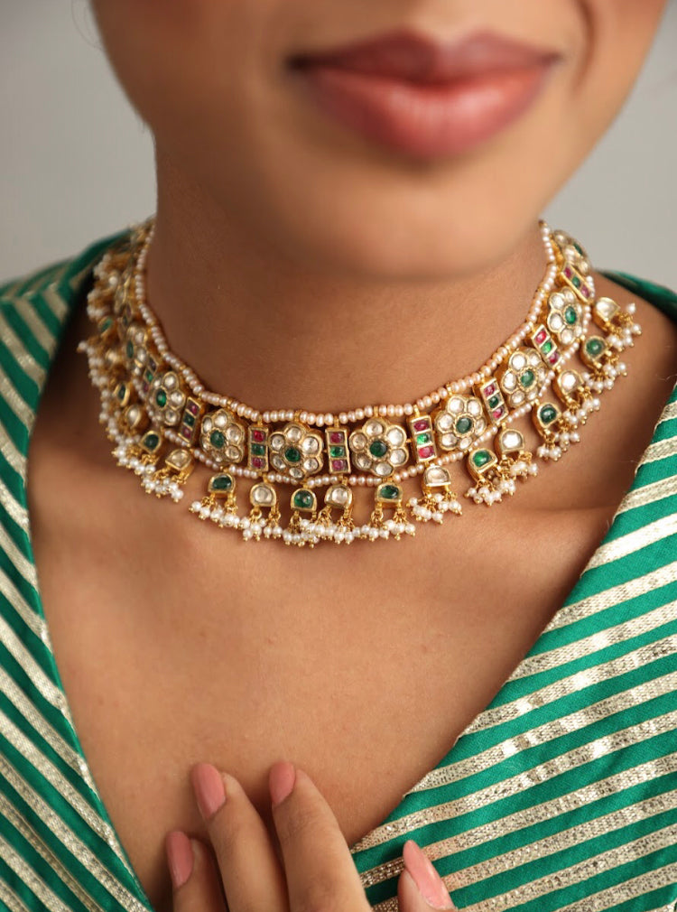 925 Silver Floral Nivaya Choker Necklace - Amrrutam