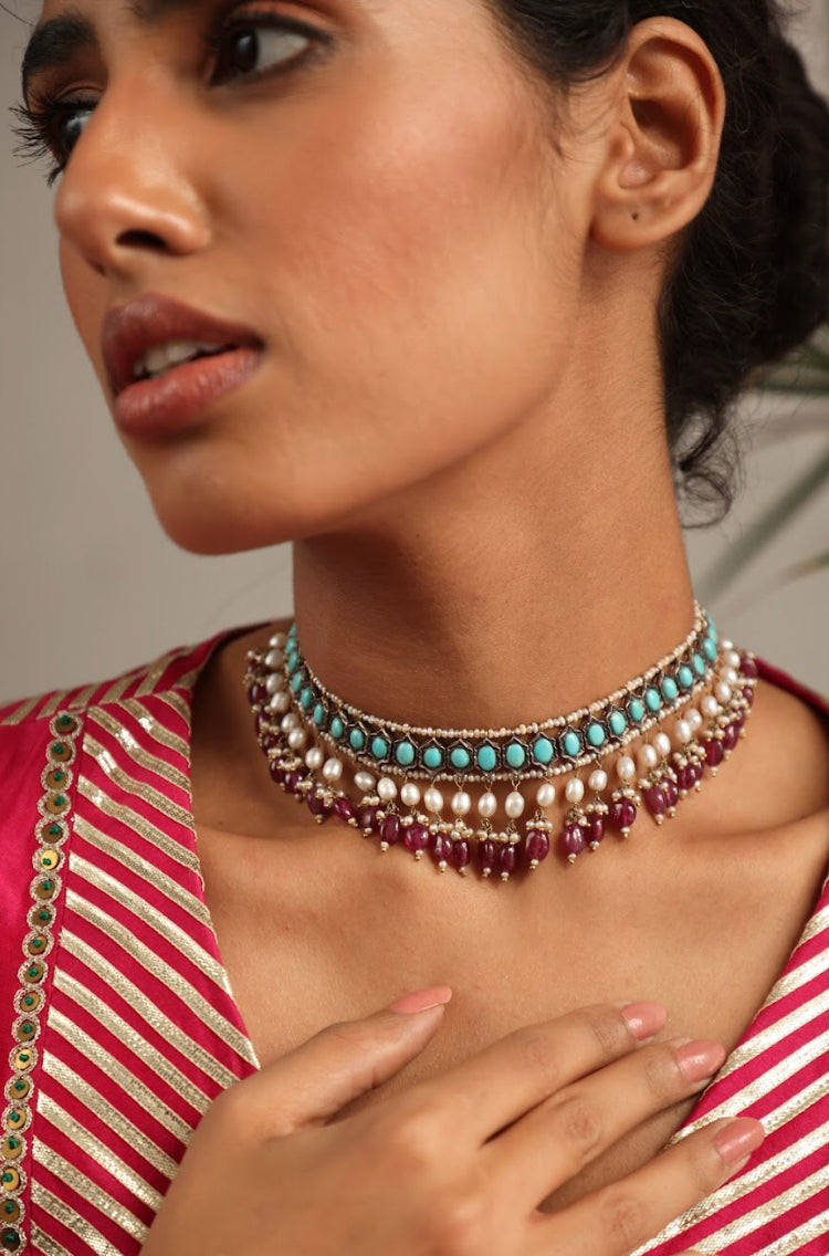 925 Silver Vintage Turquoise Choker Necklace - Amrrutam