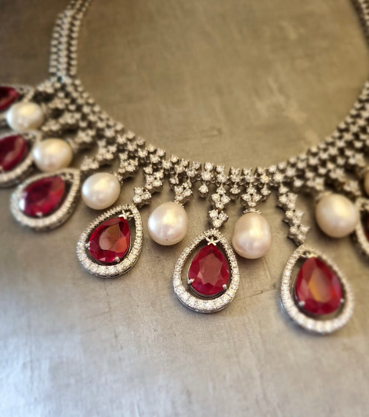 925 Silver Riverra Ruby Pearl Necklace - Amrrutam