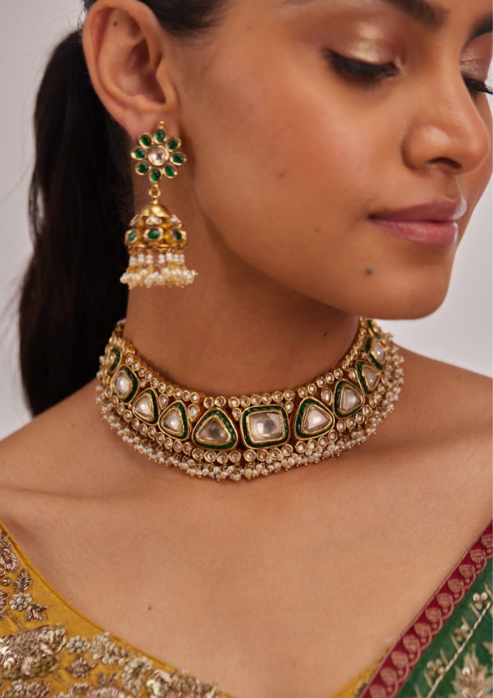 925 Silver Vanamasya Green Polki Necklace Set - Amrrutam