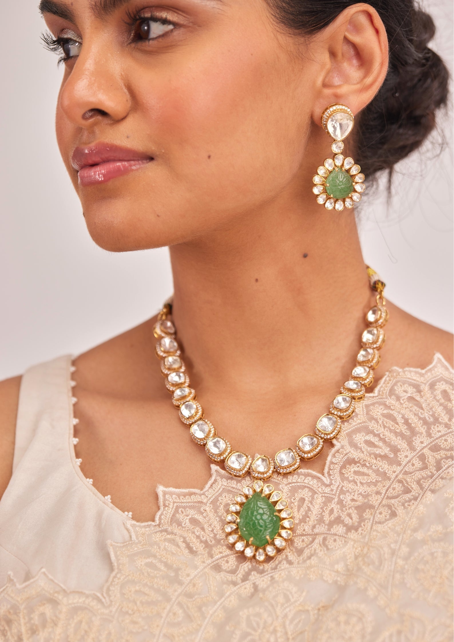 925 Silver Malvya Polki Necklace Set - Amrrutam