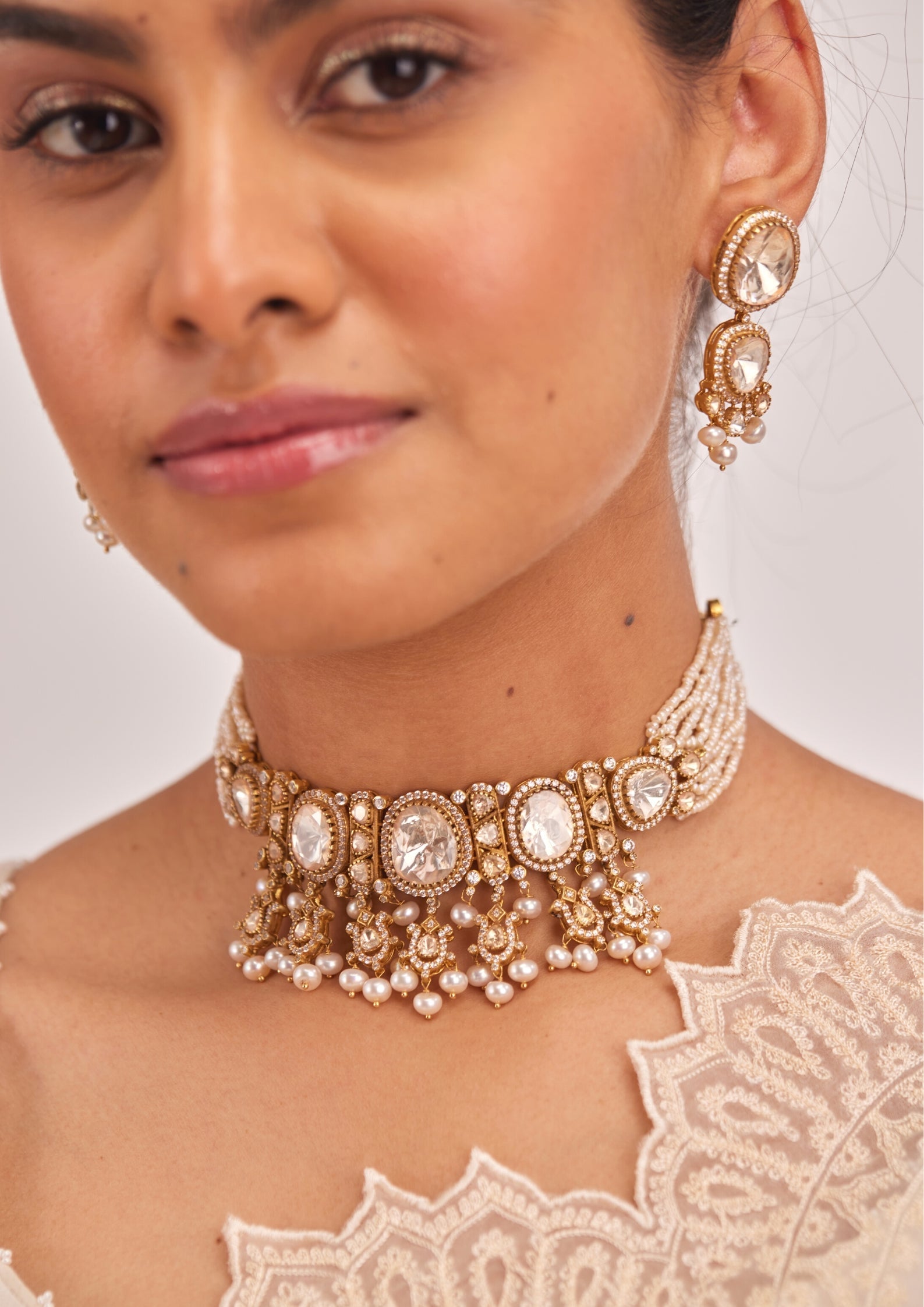 925 Silver Firosha Polki Choker Necklace Set - Amrrutam