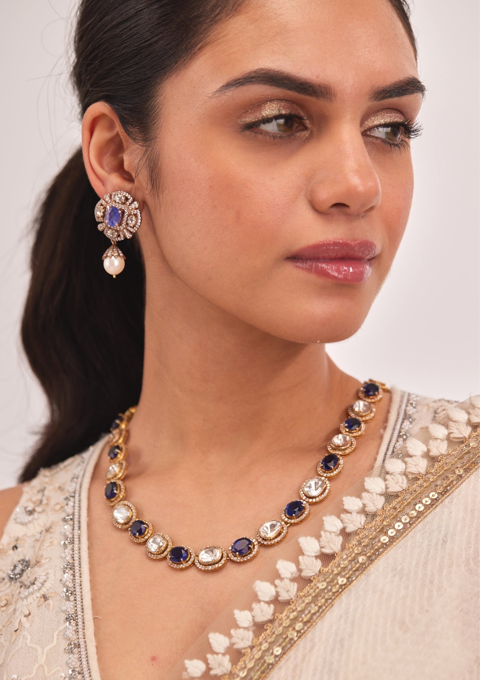 925 Silver Sumeira Sapphire Necklace Set - Amrrutam
