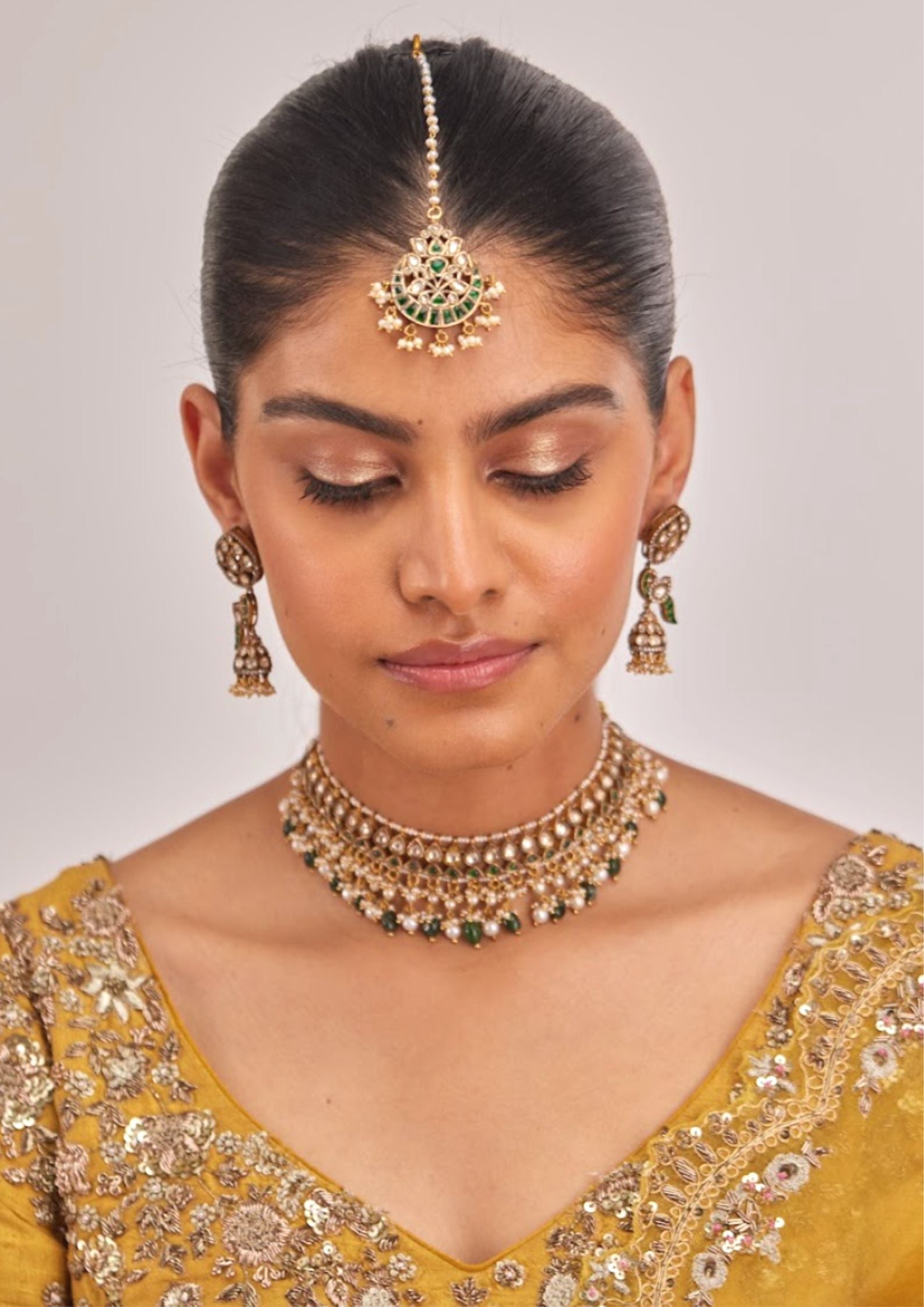 925 Silver Sarveya Green Surya Chandra Maangtika - Amrrutam