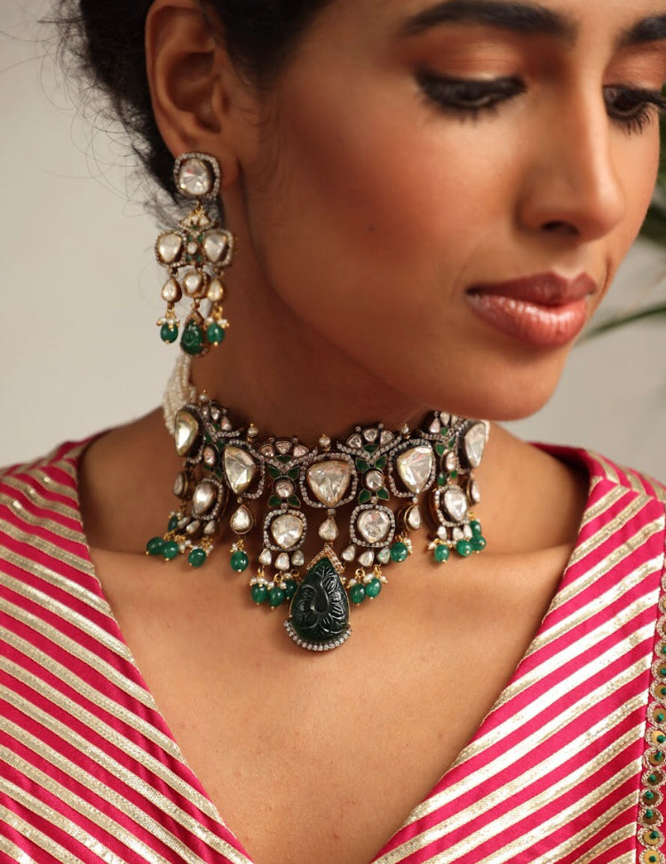 925 Silver Farhaaz Polki Choker Necklace Set - Amrrutam