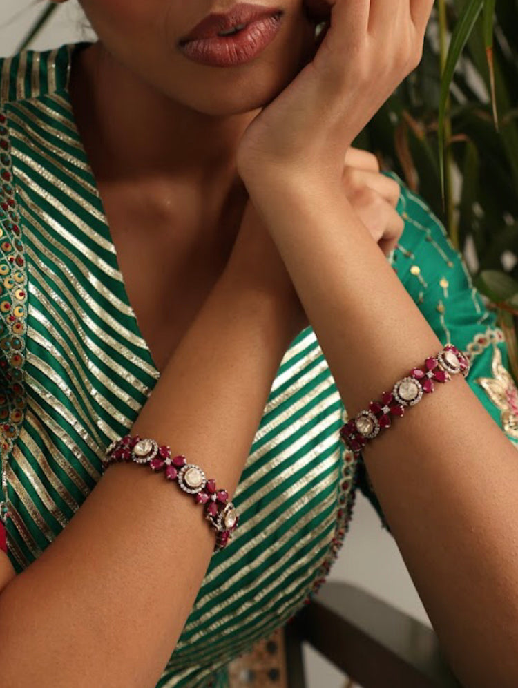925 Silver Floral Kora Ruby Bangle - Amrrutam