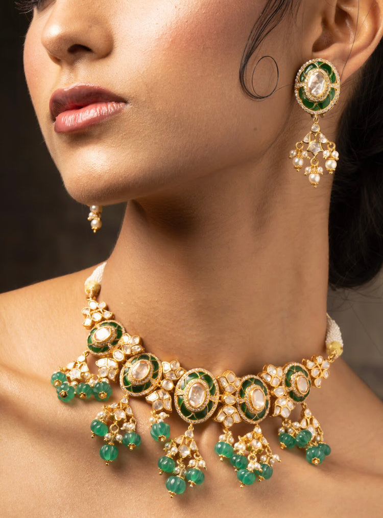 925 Silver Rachana Polki Choker Necklace Set - Amrrutam