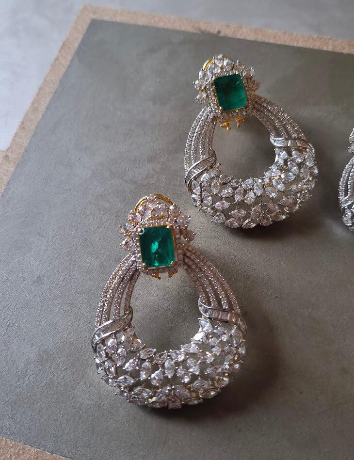 925 Silver Kamiya Emerald CZ Long Earring - Amrrutam