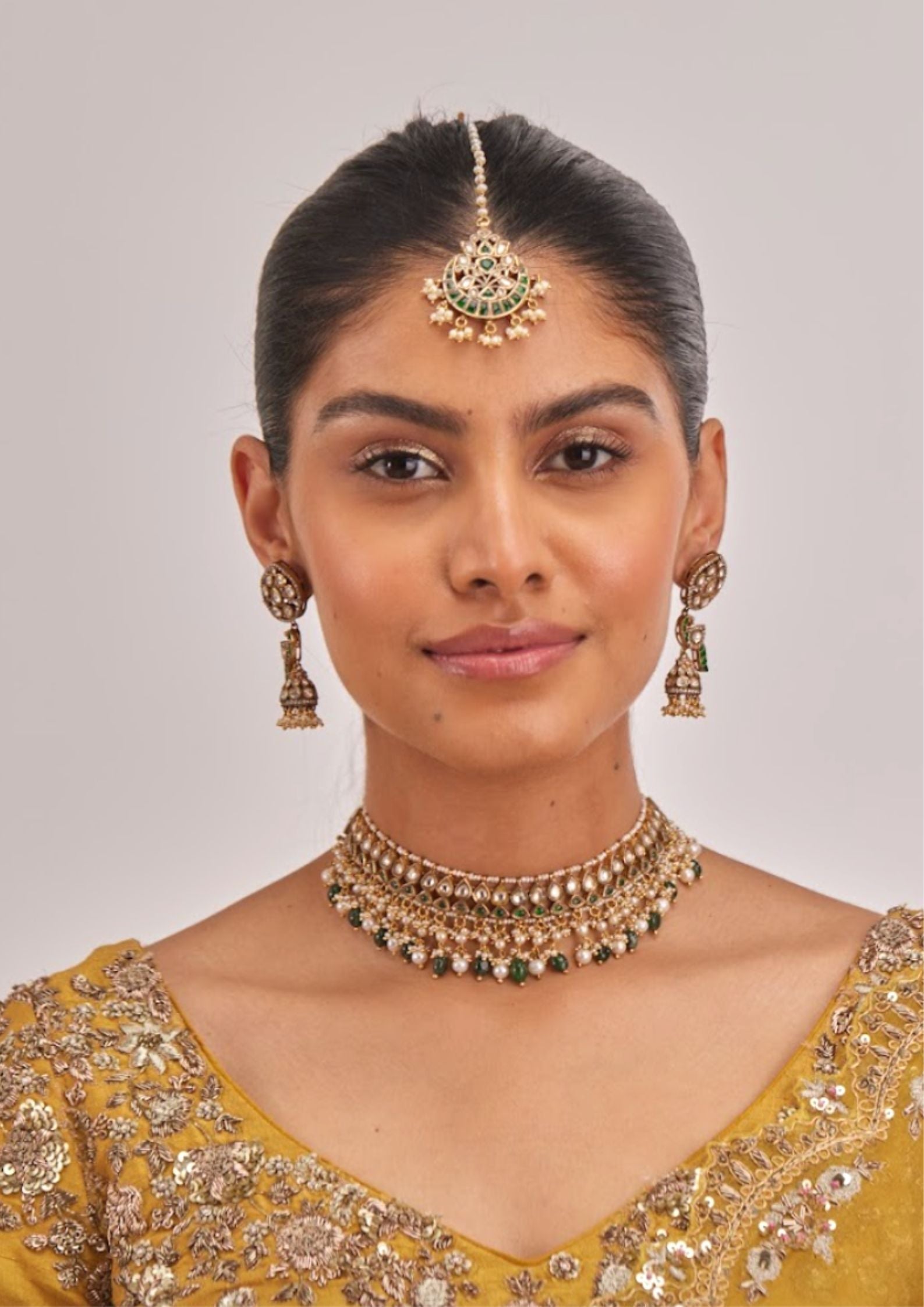 925 Silver Sarveya Green Surya Chandra Maangtika - Amrrutam