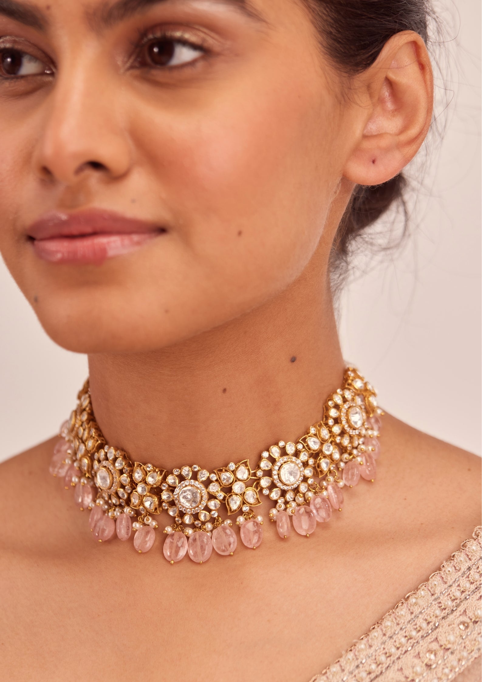 925 Silver Niyuri Pink Polki Choker Necklace Set - Amrrutam
