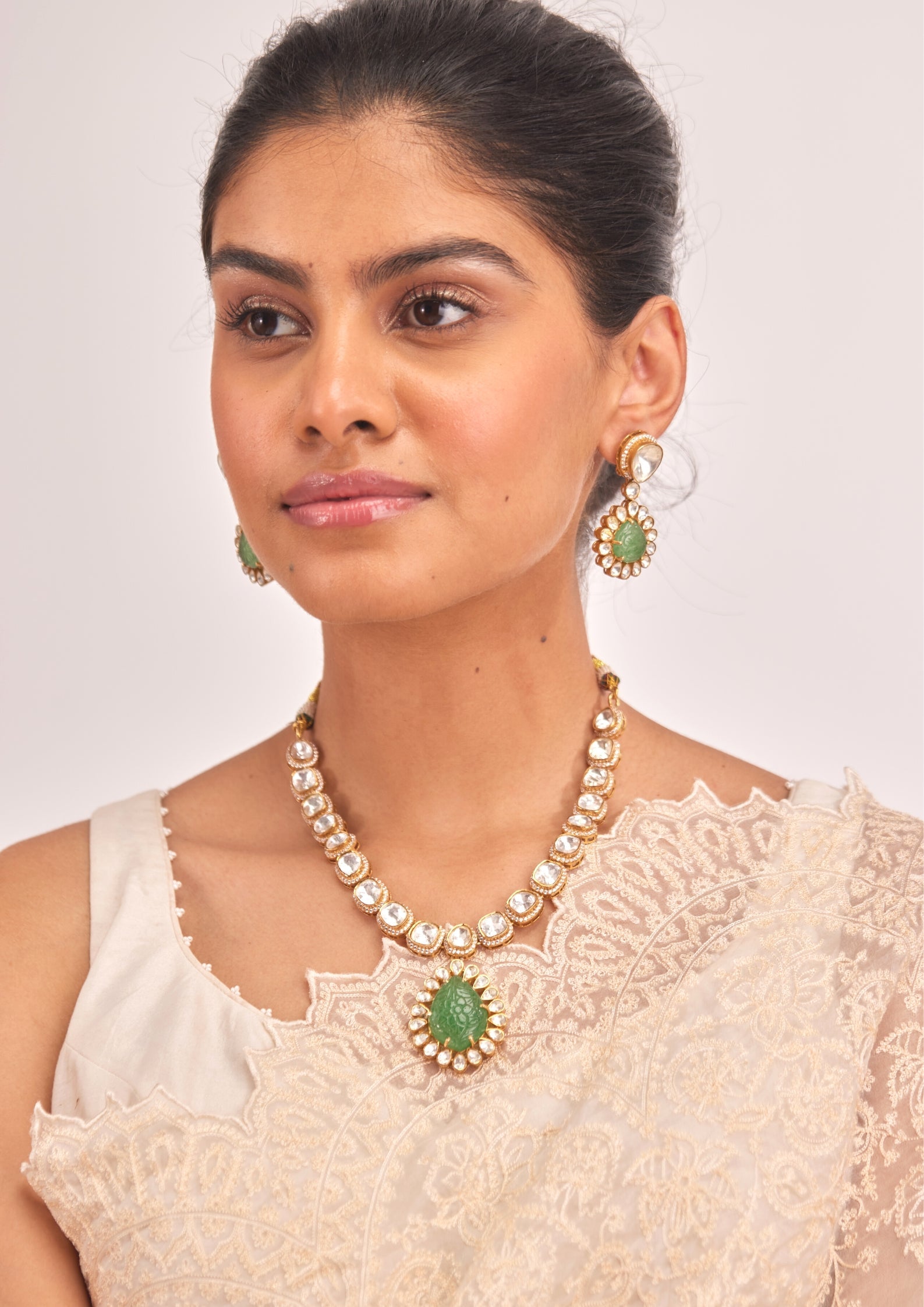 925 Silver Malvya Polki Necklace Set - Amrrutam