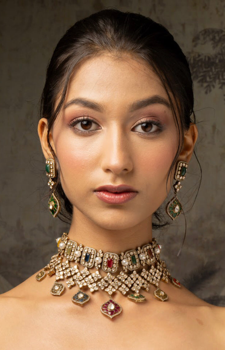 925 Silver RaangRatan Polki Necklace Set - Amrrutam