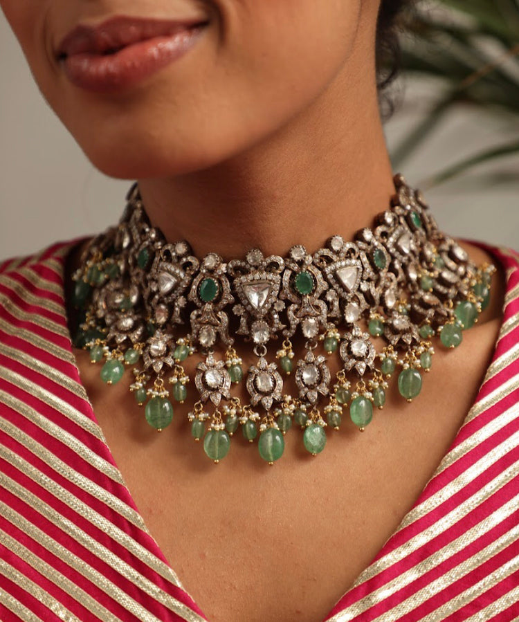 925 Silver Kashi Victorian Emerald Polki Choker Necklace - Amrrutam
