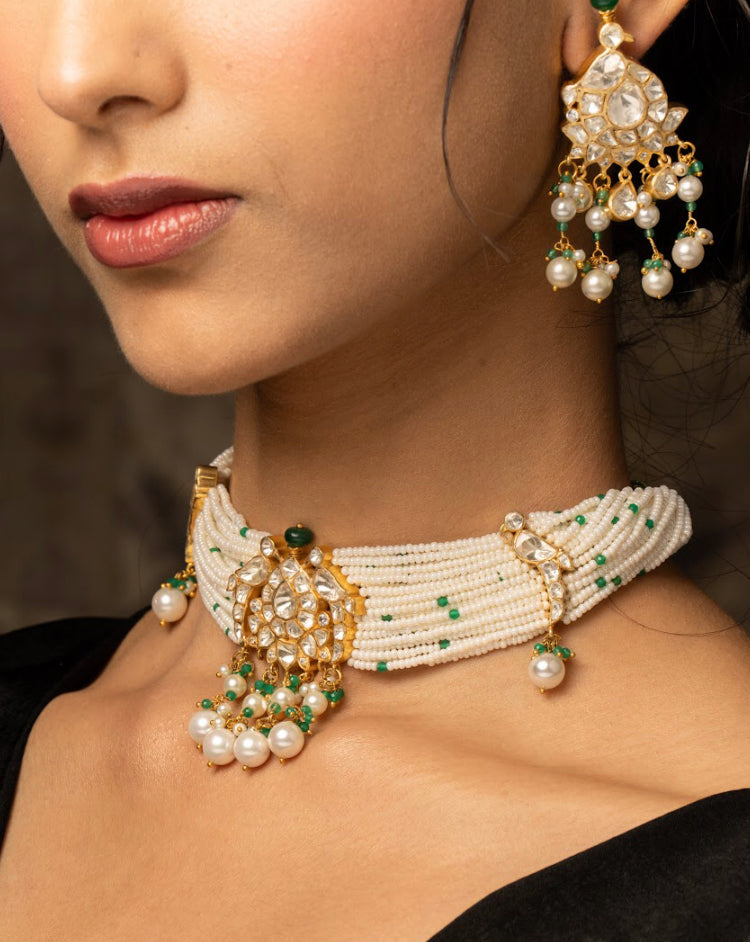 925 Silver Nainika Polki Choker Necklace Set - Amrrutam