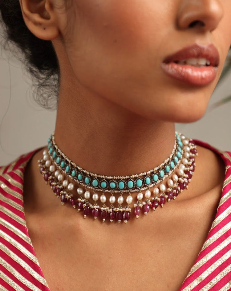 925 Silver Vintage Turquoise Choker Necklace - Amrrutam