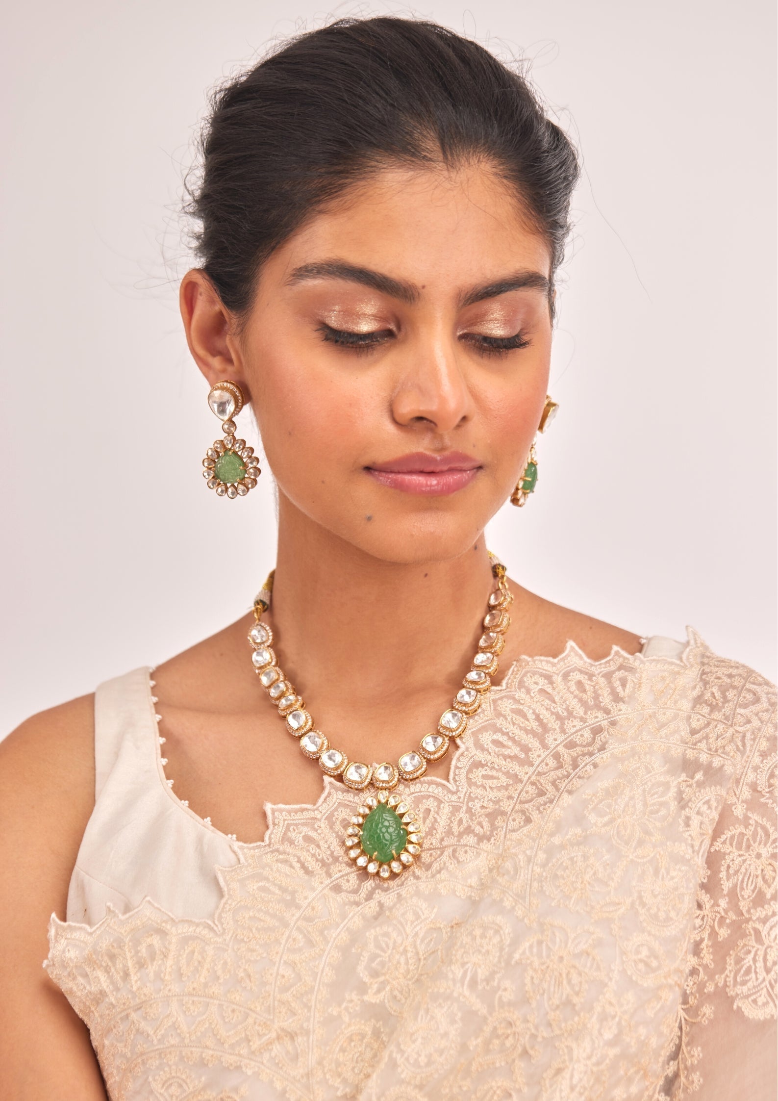 925 Silver Malvya Polki Necklace Set - Amrrutam
