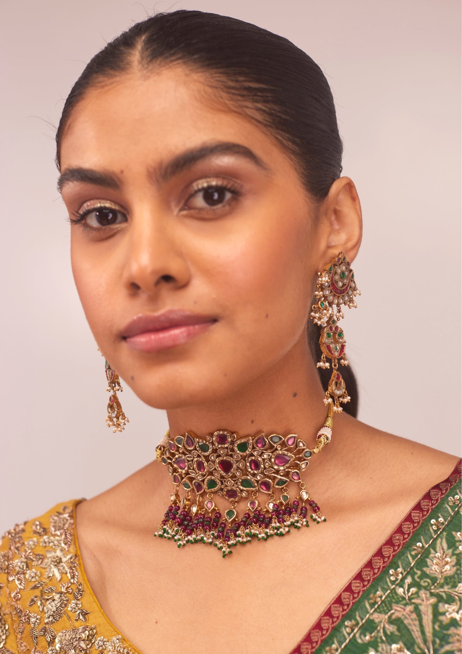 925 Silver Saraswat Wedding Choker Necklace Set - Amrrutam