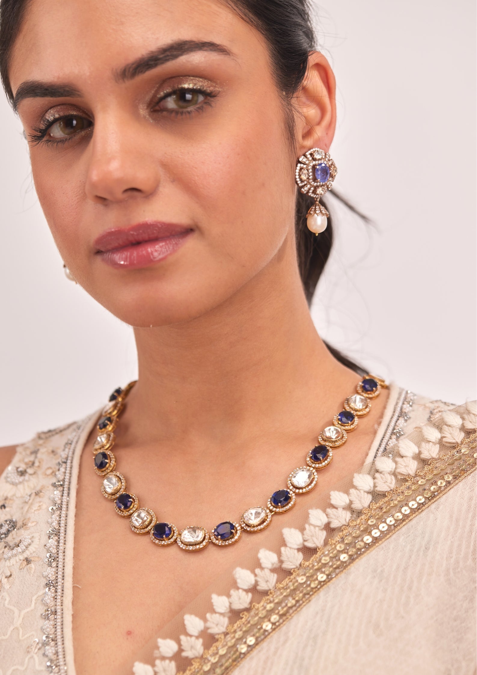 925 Silver Sumeira Sapphire Necklace Set - Amrrutam